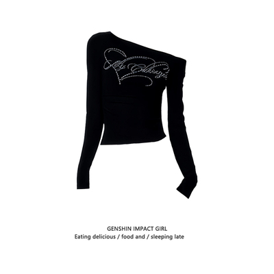 甜辣修身斜肩蕾丝拼接长袖T恤女