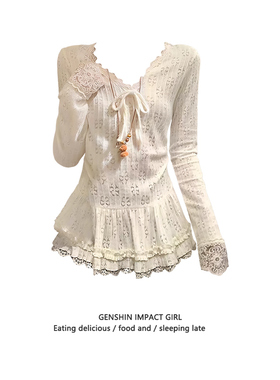 韩系蕾丝花边下摆V领系带长袖T恤女秋冬打底修身甜美百搭显瘦上衣