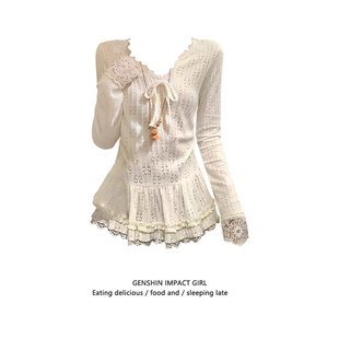 韩系蕾丝花边下摆V领系带长袖T恤女秋冬打底修身甜美百搭显瘦上衣