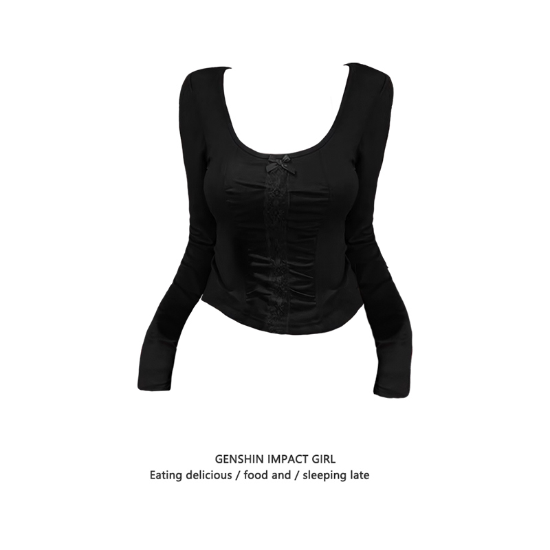 蝴蝶刺绣U领正肩长袖t恤女秋冬季