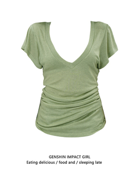 V领小众设计感正肩绿色蝙蝠袖短袖T恤女夏季收腰甜辣妹显瘦上衣潮