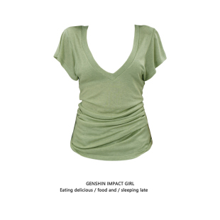 收腰甜辣妹显瘦上衣潮 T恤女夏季 V领小众设计感正肩绿色蝙蝠袖 短袖