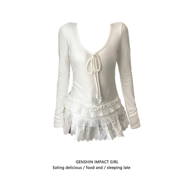 韩系V领白色蕾丝花边下摆长袖T恤