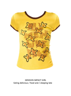 黄色多巴胺星星涂鸦短袖T恤女夏季新款撞色休闲百搭短款辣妹上衣