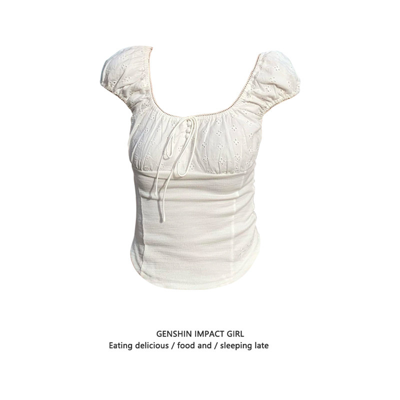 美式复古方领纽扣短袖T恤女夏季