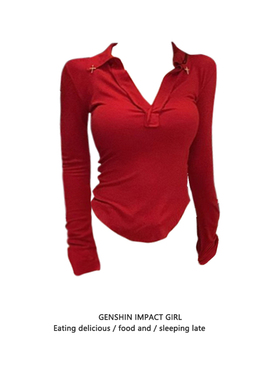 莫代尔长袖v领T恤女早秋新款美式辣妹修身显瘦红色打底衫别致上衣