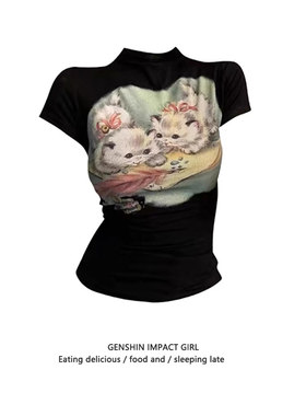 甜辣妹猫咪印花正肩短袖T恤女夏