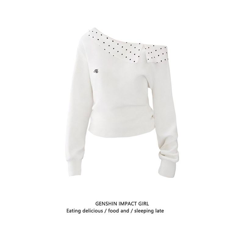 白色斜肩波点长袖T恤女秋季新款