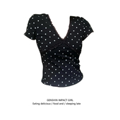 短款 甜辣风黑色波点蕾丝花边v领短袖 修身 新款 百搭上衣潮 T恤女夏季