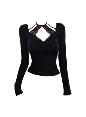 小个子蕾丝挂脖长袖T恤女秋冬纯棉修身显瘦设计感辣妹打底衫上衣