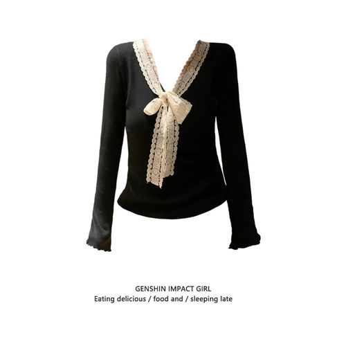 设计感德绒V领显瘦长袖T恤女秋冬