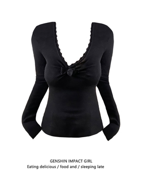 韩系纯欲风黑色修身显瘦内搭上衣打底衫秋冬新款蝴蝶结花边v领T恤