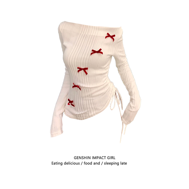 纯欲风蝴蝶结露肩白色长袖T恤女