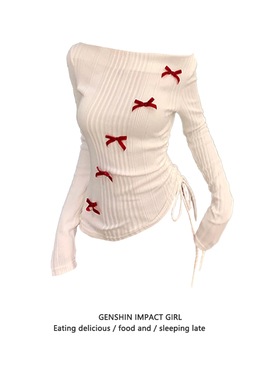 纯欲风蝴蝶结露肩白色长袖T恤女春秋修身一字领设计感内搭上衣潮