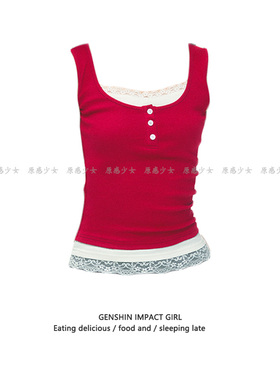 美式红色短款工字背心女夏季外穿蕾丝假两件辣妹无袖独特吊带上衣