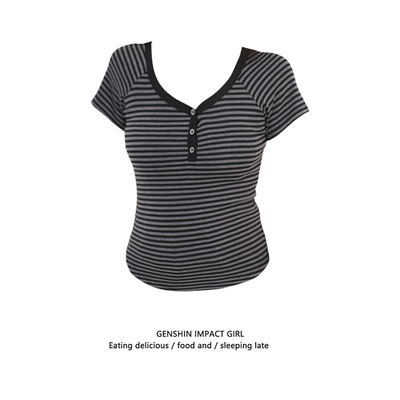 设计感U领条纹撞色纽扣短袖T恤女