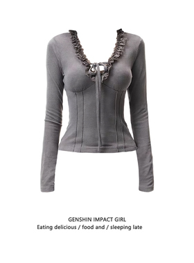 纯欲风蕾丝花边V领系带长袖女新款秋冬收腰显瘦性感辣妹德绒上衣