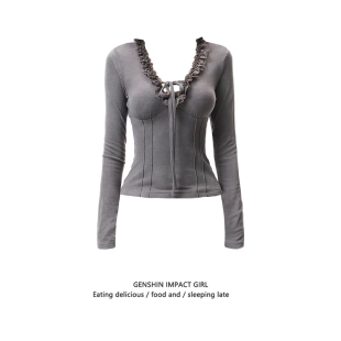 纯欲风蕾丝花边V领系带长袖 秋冬收腰显瘦性感辣妹德绒上衣 女新款