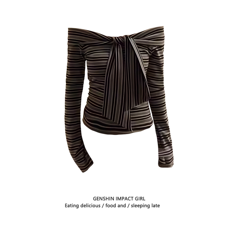 一字肩绑带气质辣妹条纹T恤女秋