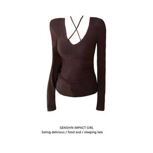 辣妹风chic纯色上衣 美式 咖色深v交叉挂脖绑带修身 打底T恤女早春季