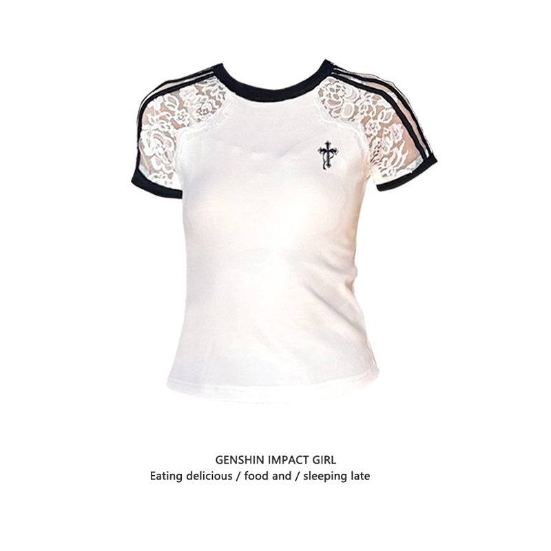辣妹蕾丝拼接撞色短袖T恤女夏季