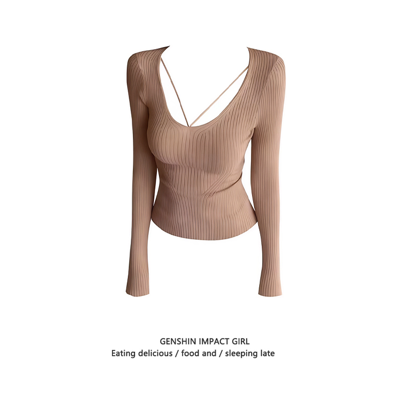 韩系辣妹纯欲风U领长袖针织衫女