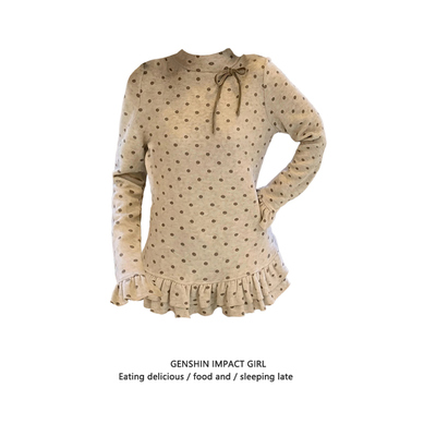 古波点蝴蝶结花边下摆长袖T恤女