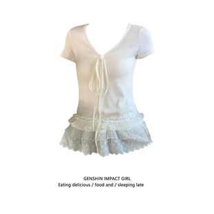 设计感V领蕾丝拼接绑带内搭打底衫 修身 显瘦短袖 上衣ins t恤女夏季