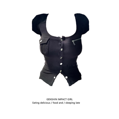 莫代尔口袋拉链纽扣短袖上衣夏季