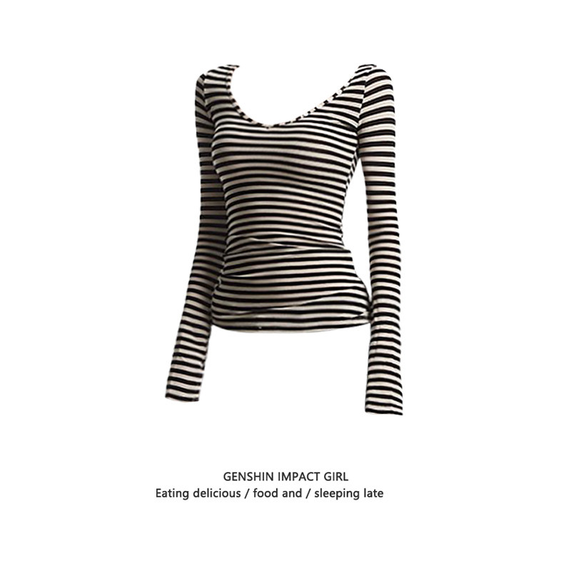 v领美式复古条纹开叉长袖t恤女早秋修身薄款纯欲辣妹风打底衫上衣,女装/女士精品,T恤,淘宝优惠券,粉丝福利购,淘宝优惠卷