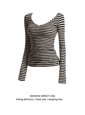 v领美式复古条纹开叉长袖t恤女早秋修身薄款纯欲辣妹风打底衫上衣