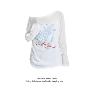 休闲慵懒风薄款 印花斜肩抽绳长袖 女夏季 宽松显瘦防晒T恤上衣 罩衫