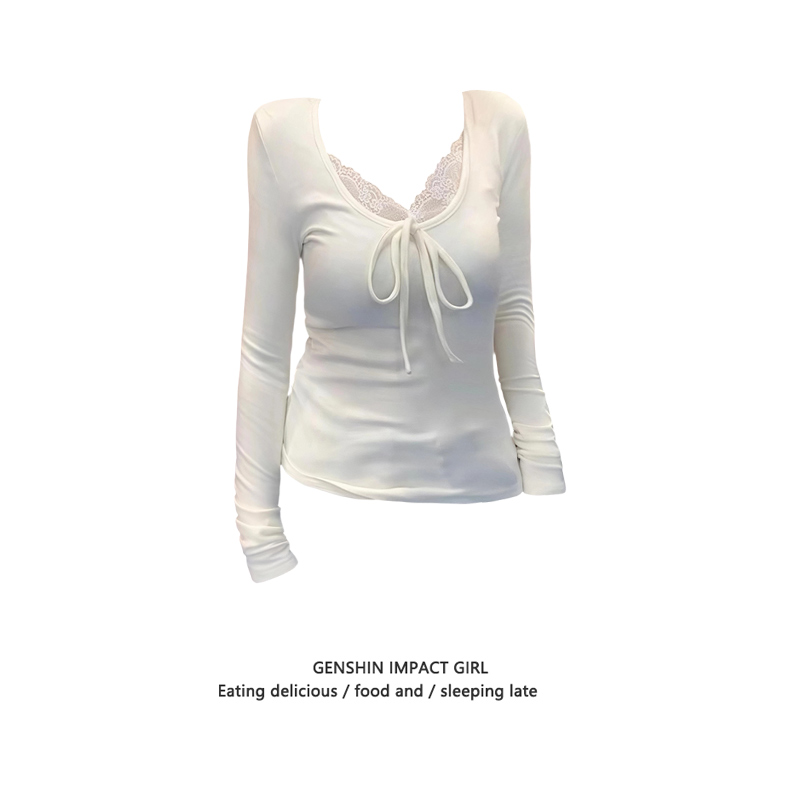 韩版chic别致蕾丝边长袖T恤秋冬