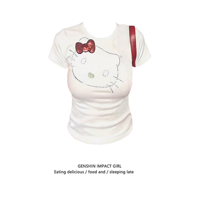 白色kitty猫烫钻短袖t恤女夏季