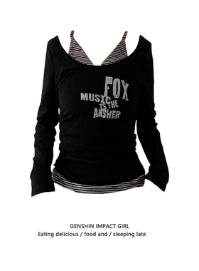 撞色假两件长袖女早秋字母印花朋克t恤辣妹收腰显瘦亚比风上衣y2k