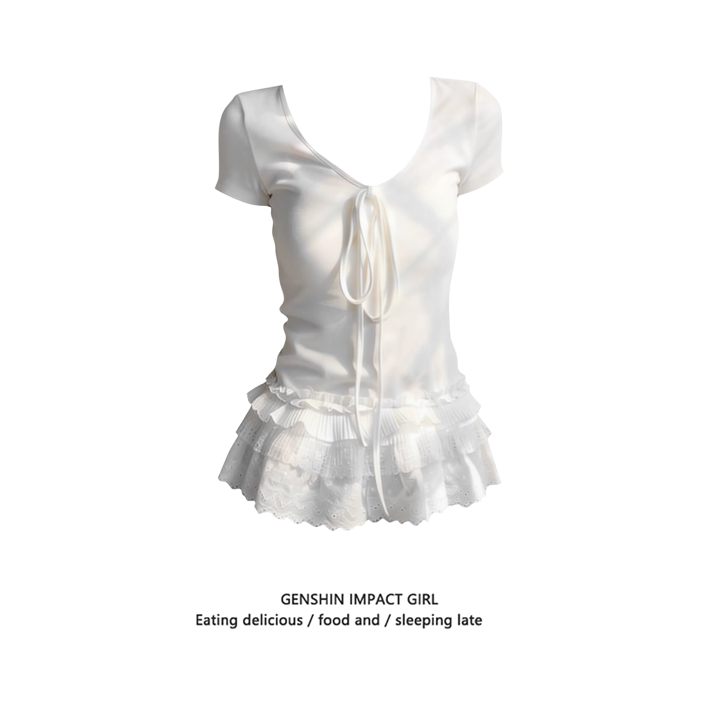 白色甜美蕾丝下摆拼接绑带系带正肩短袖T恤夏季新款修身显瘦上衣