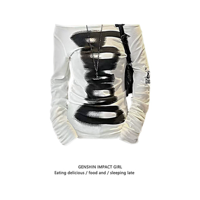 美式韩版一字肩字母印花长袖T恤