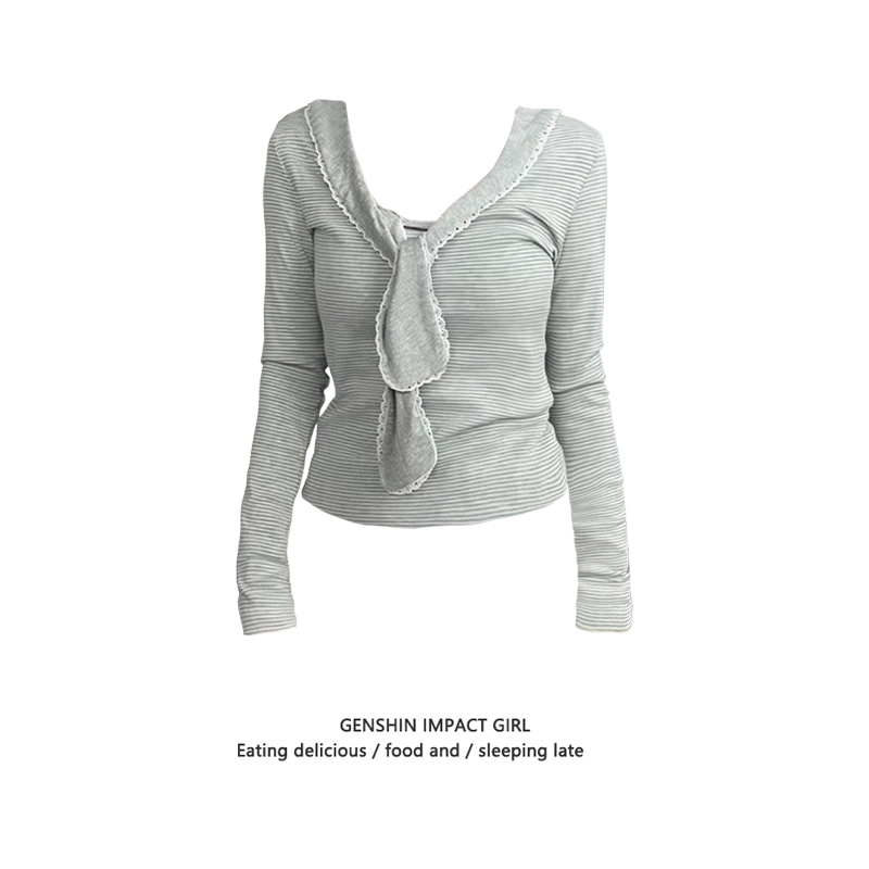 韩系条纹蕾丝拼接长袖T恤女秋季复古修身绑带蝴蝶结打底内搭上衣