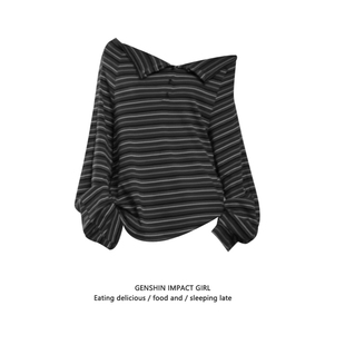 显瘦宽松T恤女小众复古别致一字肩打底上衣 条纹露肩长袖 秋季 新款