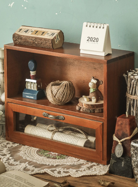 桌面收纳盒办公桌zakka柜子抽屉式复古杯子化妆品置物架桌上木质