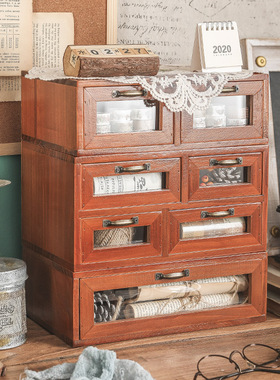 书桌复古桌面收纳盒抽屉式化妆品柜木质储物盒宿舍桌上胶带置物架