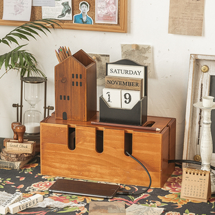 实木理线集线器桌面数据线排插电源线整理收纳盒wifi路由器放置架