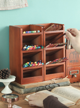 美式复古风笔筒办公室书桌文具收纳盒桌面木制笔刷筒遥控器置物架