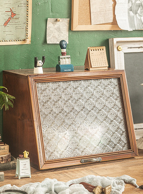 桌面收纳盒化妆品香水整理zakka实木杯子茶具翻盖玻璃防尘展示柜