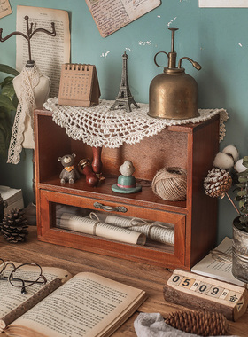 复古桌面小收纳盒书桌木质指甲油桌上化妆品收纳柜杯子香水置物架