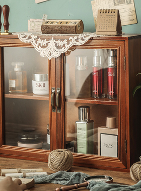 杯子置物柜桌面化妆品展示架子日式木质复古玻璃收纳盒护肤品防尘