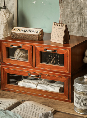 电脑显示器增高架办公室木质桌面收纳盒玻璃抽屉式梳妆台木盒复古