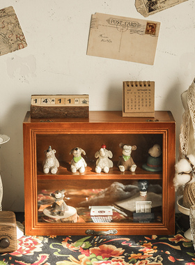 桌面马克杯子收纳盒玻璃茶具展示柜化妆品置物架口红防尘木质带盖