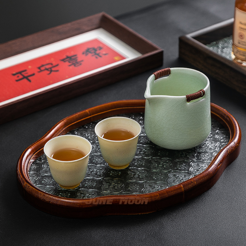 茶盘桌面高档椭圆形海棠玻璃酒杯茶水文玩水果茶具托盘中式点心盘