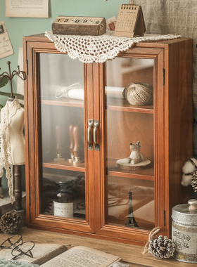 桌面收纳盒木质玻璃储物柜多功能家用实木多层化妆品整理盒复古风